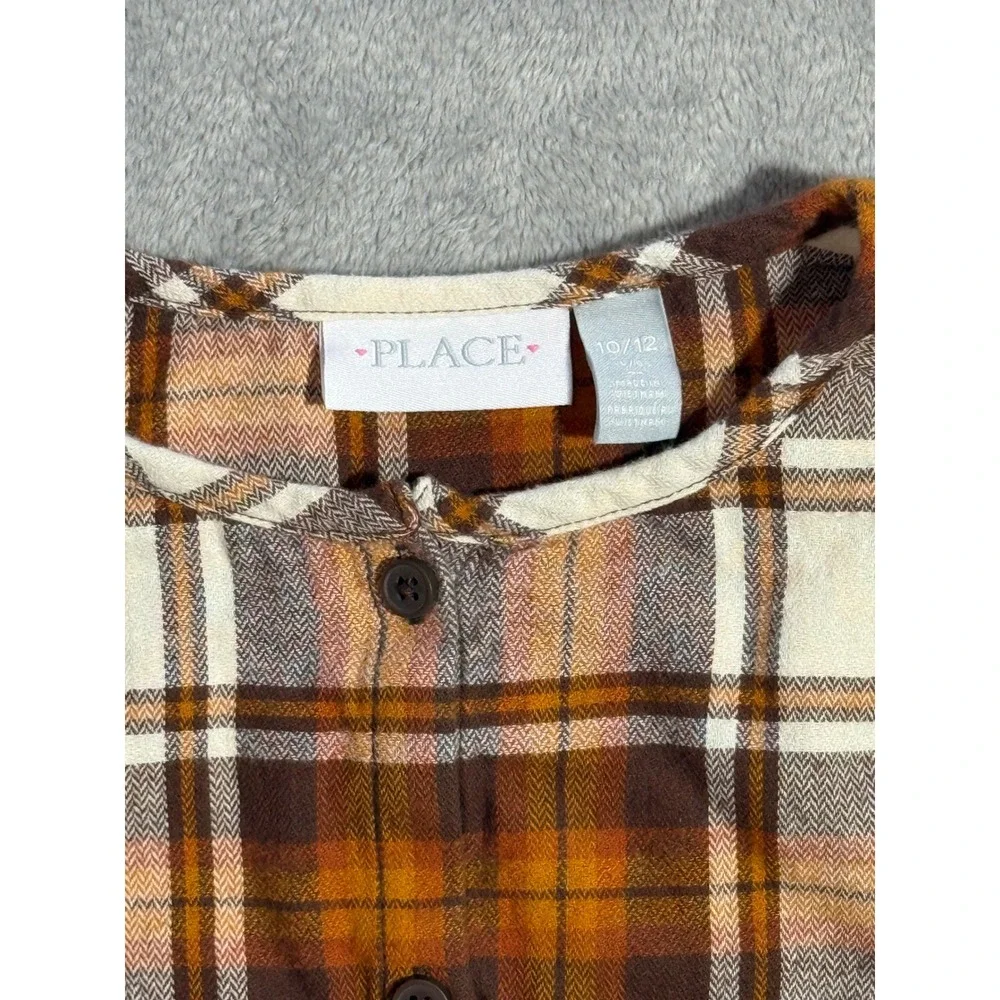 Childrens Place Girls Brown Orange Plaid Flannel Peplum Button Down Top 10/12